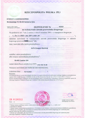 Zezwolenie na transport drogowy | ALFA Stochmal